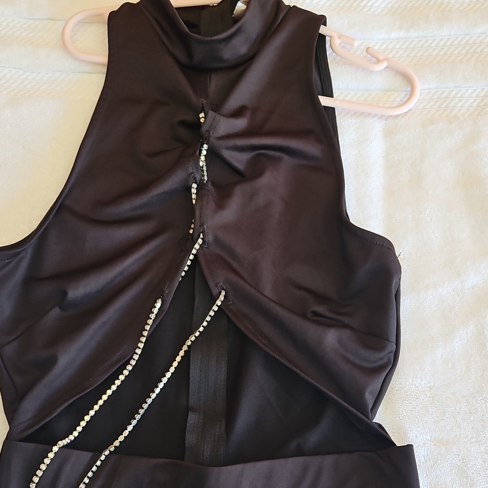 A3 Design Black Sleeveless Midi Bodycon Dress Satin Rhinestone Zip Size S - Picture 2 of 4